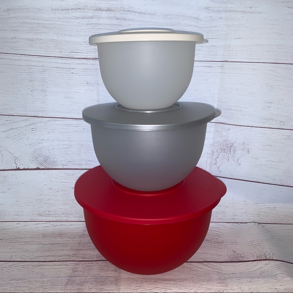 Tupperware Impressions Nesting Bowls Red White Silver 3095 3093 3091